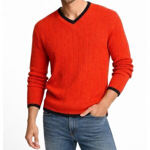 GUESS 100% Wool Black Trim V-Neck Pullover Sweater in Orange-Size XL
